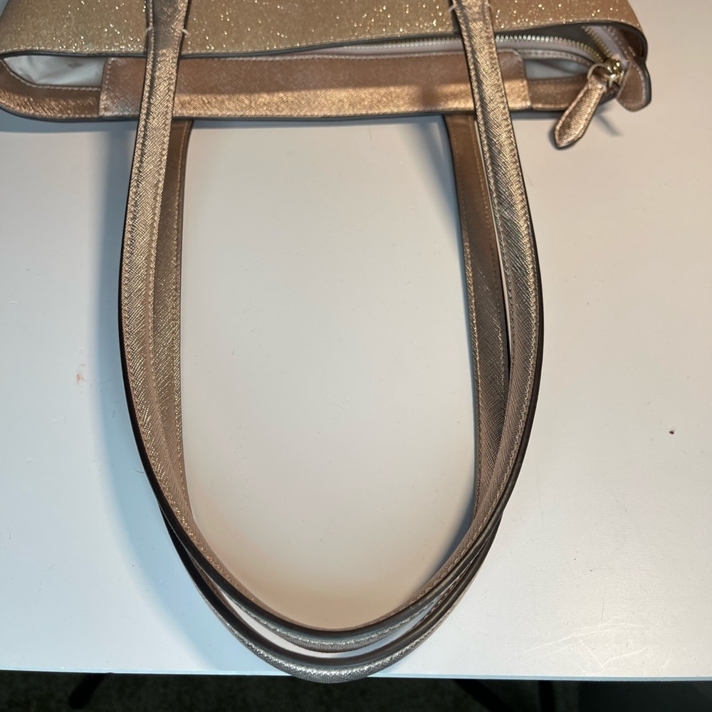 Kate Spade NY Saffiano PVC Trim Tinsel Glitter Rose Gold Tote Gently Preloved - Picture 10 of 17